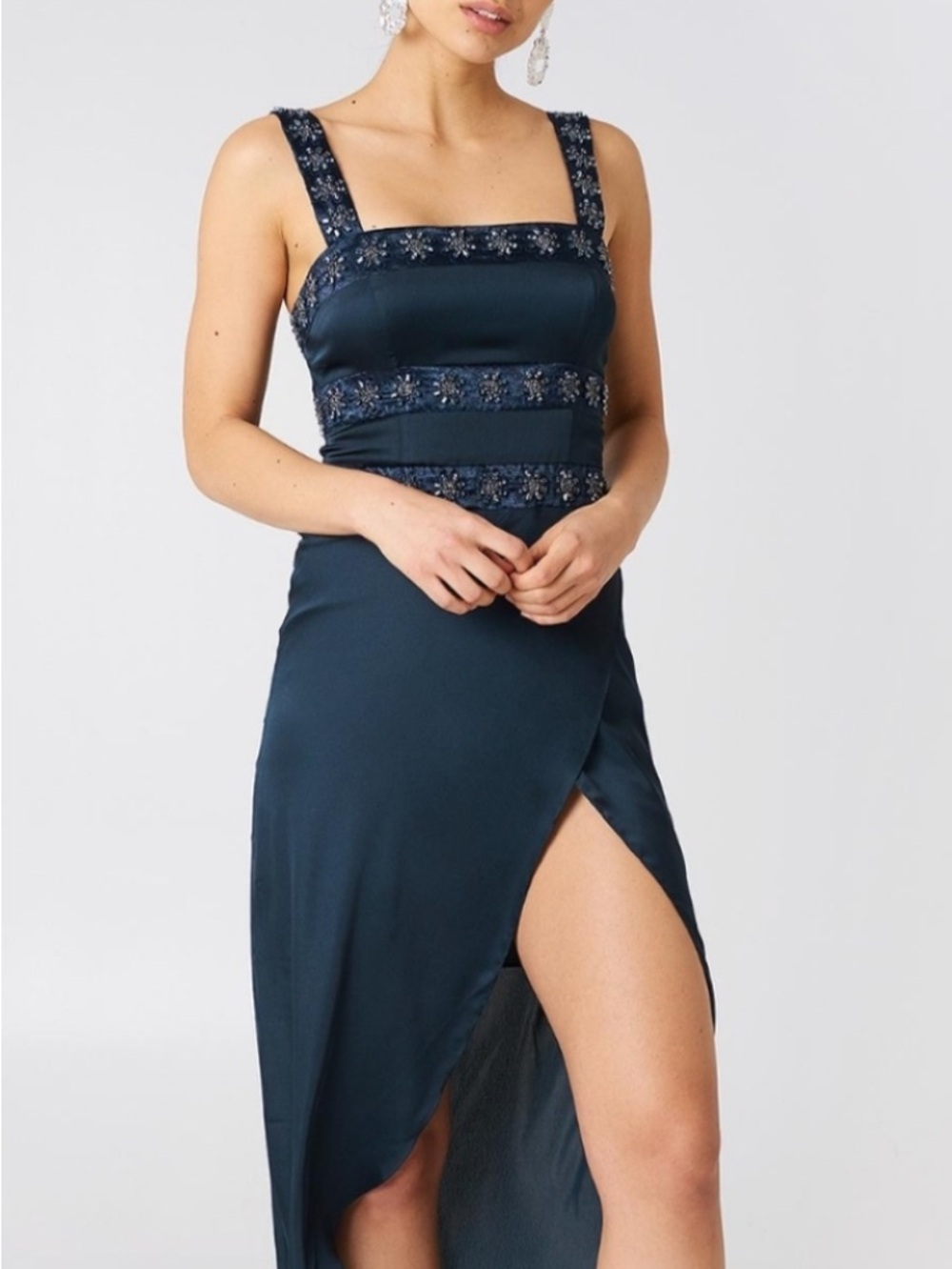 For Love & Lemons “Opal” Navy Blue Beaded Embellished Midi Dress